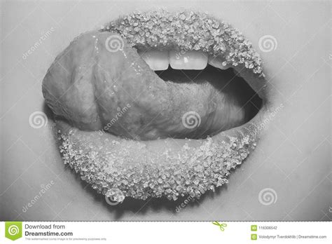 Sugar Lips Closeup Of Beautiful Seductive Juicy Soft Pink Sweet Female Lips In Granulated Sugar