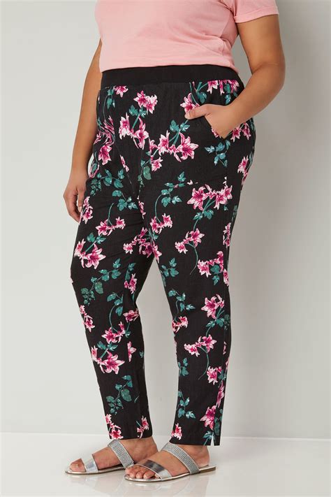 Black And Multi Floral Print Tapered Linen Trousers Plus Size 16 To 36