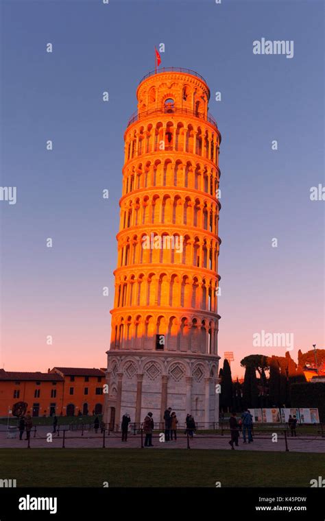 Europeitalytuscanypisa Leaning Tower Of Pisa At Sunset Stock Photo