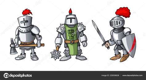 Cartoon Colored Three Medieval Knights Prepering For Knight Tournament