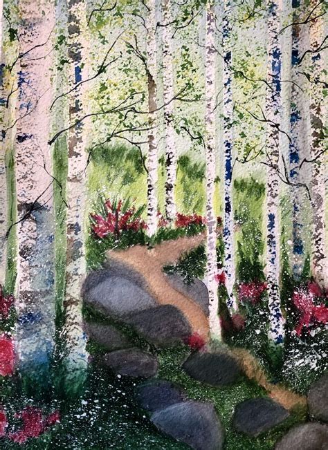 A Painting Of Some Trees And Flowers In The Woods With Rocks On The