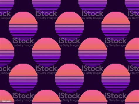 Pixel Art 80s Sunset Seamless Pattern 8bit Sun Synthwave And Retrowave