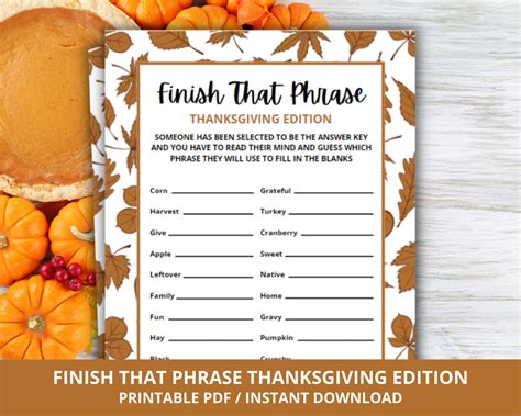 Thanksgiving Finish That Phrase Game Finish The Phrase Thanksgiving