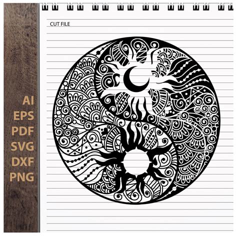 Zentangle Yin Yang Sun And Moon Mandala Symbol Digital Etsy