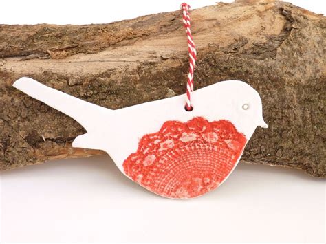 Hanging Robin ~ Porcelain Bird Christmas Decoration Ceramic Clay Bird
