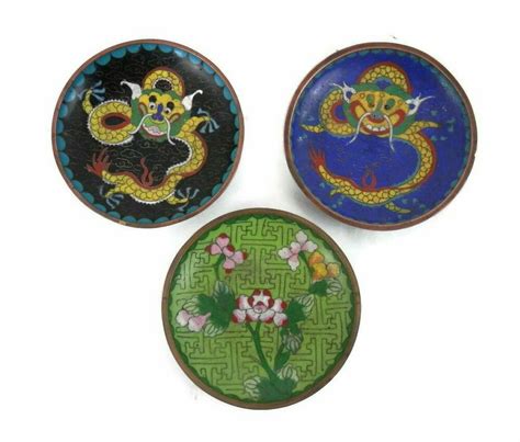 Set 3 Dragon Cloisonne Dishes Chinese Blue Black And Green Plates From