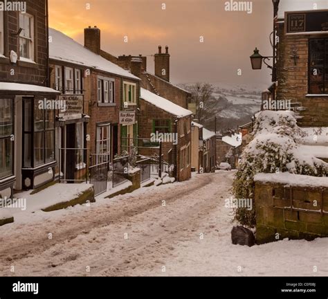 Looking Down The Snow Covered Main Street Of Haworth West Yorkshire In