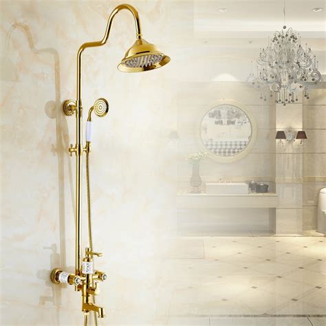 Modern Bathroom Golden Surface Mount Brass Rainfall Shower Faucet Set Gold Finishing Brass With