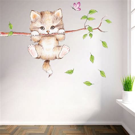 Cute Cat Butterfly Tree Branch Wall Stickers For Kids