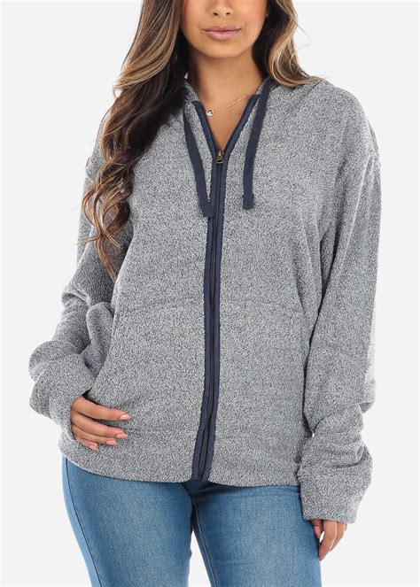 Moda Xpress Womens Zip Up Sweater Long Sleeve With Hoodie Knit Heather Denim Zipper Sweater
