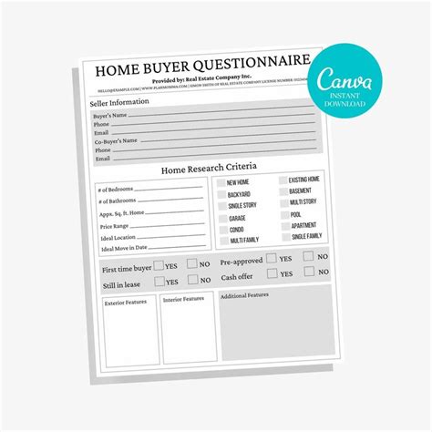 Home Buyer Real Estate Questionnaire Printable Template Real Estate