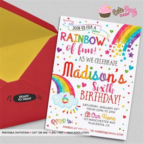 Colorful Rainbow Birthday Party Invitations Diy Rainbow Etsy