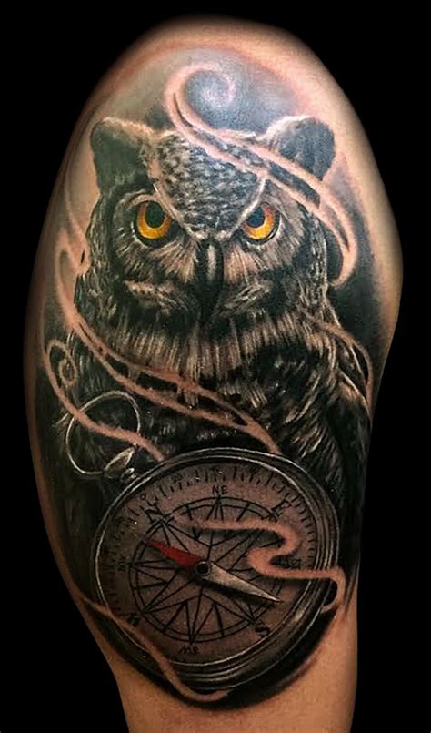 Owl And Compass Tattoo Owl Tattoo Design Owl Tattoo Mens Owl Tattoo