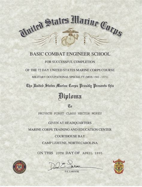 Usmc Basic Engineer Construction And Equipment Marine Mos 1300 Certificate