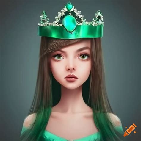 Girl With Brown Long Hair Wearing Emerald Clothes And Tiara On Craiyon