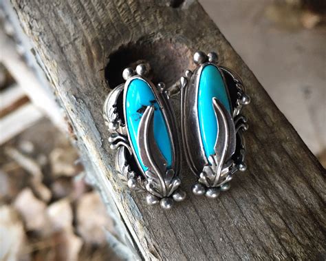 Traditional Navajo Turquoise Earrings With Sterling Silver Feather
