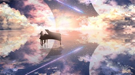 Female anime character, anime girls, white hair, long hair, sky. Download wallpaper 3840x2160 piano, silhouette, space ...