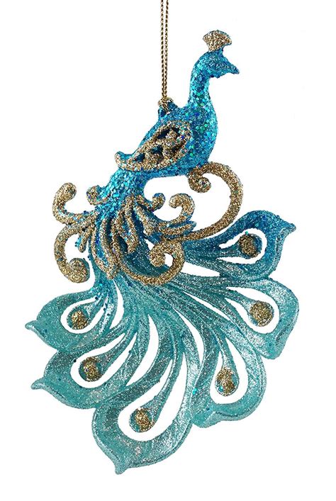 Sparkling Teal Peacock Hanging Christmas Ornaments 2 Pack You Can