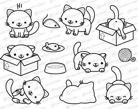 Premium Vector Clipart Kawaii Cat Outlines Cute Cat Etsy