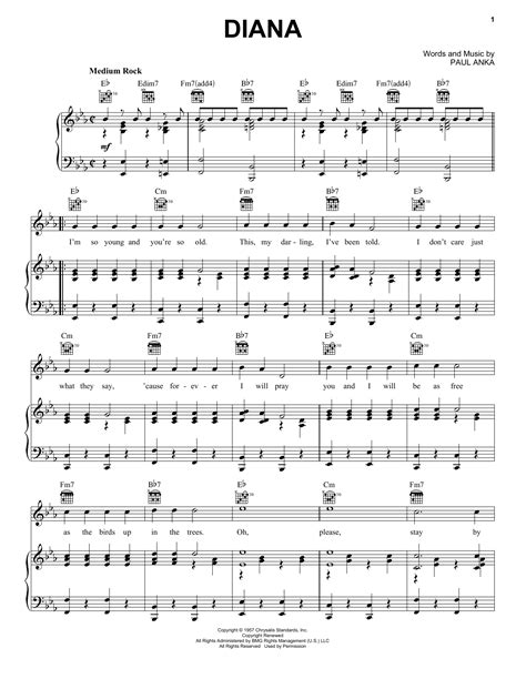 Diana Sheet Music Paul Anka Piano Vocal And Guitar Chords Right Hand Melody