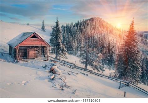 Winter Landscape Snow Sunset Cabin Mountains Stock Photo Edit Now