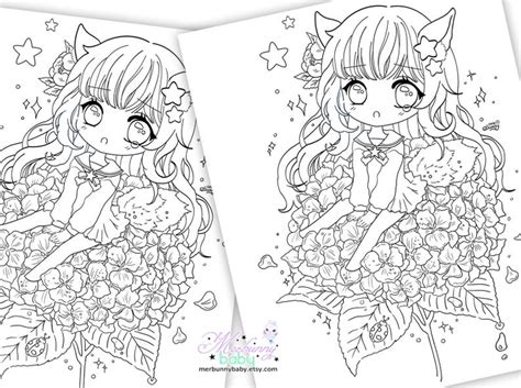 Fox Chibi Girl On Hydrangea Coloring Page Cute Anime Etsy
