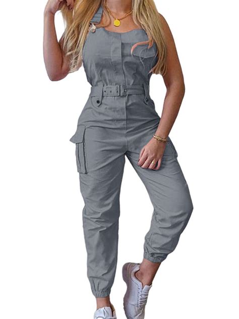 Sexy Dance Women Cargo Jumpsuit Sleeveless Beam Foot Multi Pocket Bib