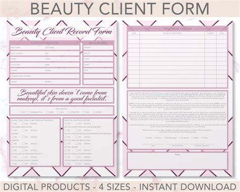 Beauty Client Record Form Consultation Treatment Salon Etsy Canada