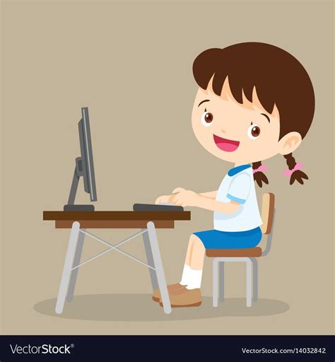 Cute Student Girl Working With Computer Vector Image On Vectorstock