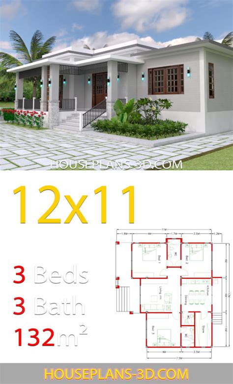 House Design 7x14 With 3 Bedrooms Terrace Roof House Plans 3d