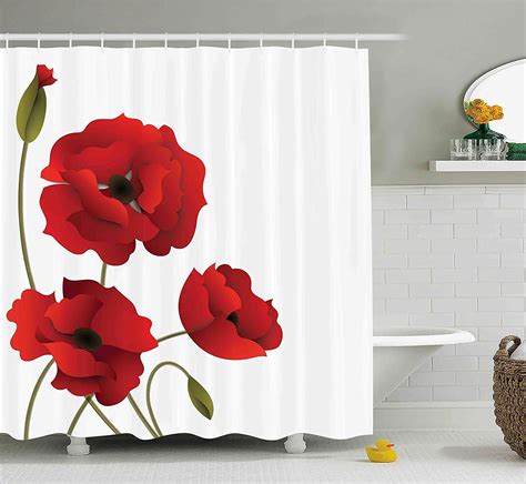 Floral Shower Curtain Poppy Flowers Vivid Petals With Buds Pastoral