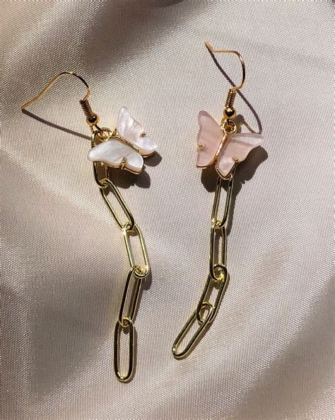 Gold Butterfly Chain Dangle Earrings White Pale Pink Etsy