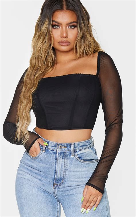 Black Sheer Mesh Structured Crop Top Tops Prettylittlething