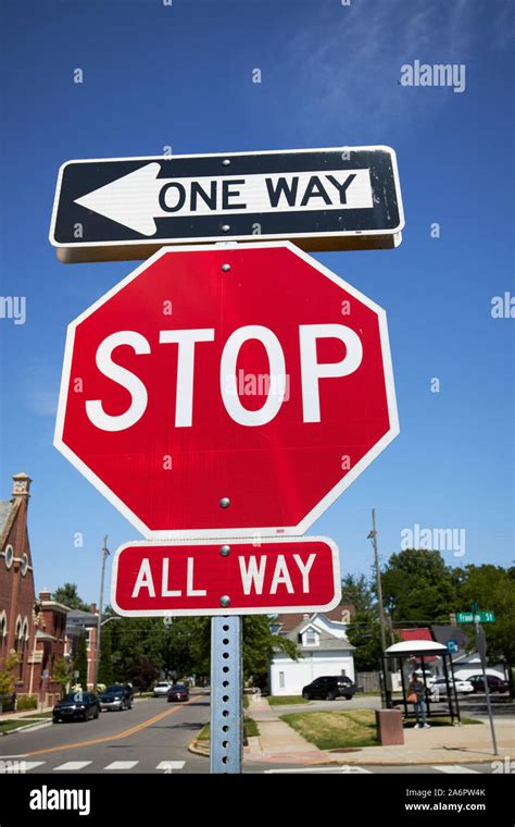 All Way Stop Sign With One Way Sign Rural Town Of Columbus Indiana Usa