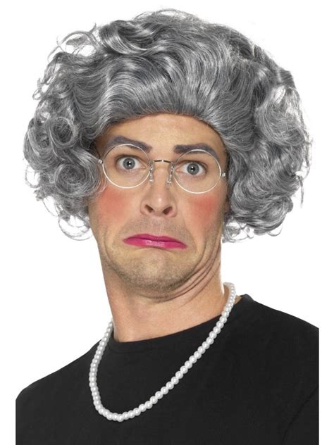granny old lady grandma grey hair wig grandmother wig pearls glasses costume kit costume
