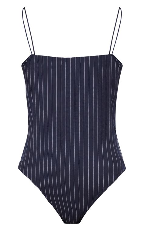 Navy Spaghetti Strap Stripe Bodysuit Prettylittlething