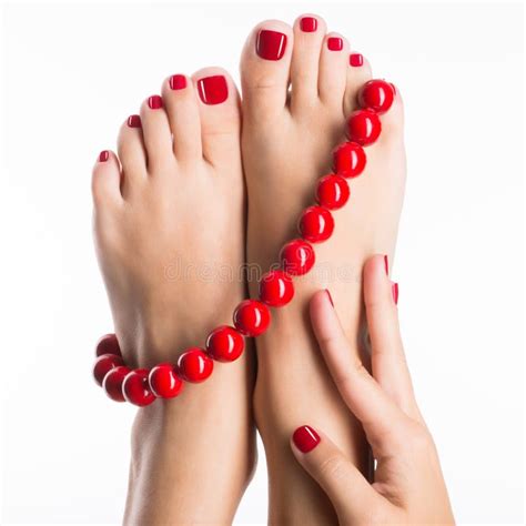 Closeup Photo Of A Female Feet With Beautiful Red Pedicure Stock Photo Image Of Isolated