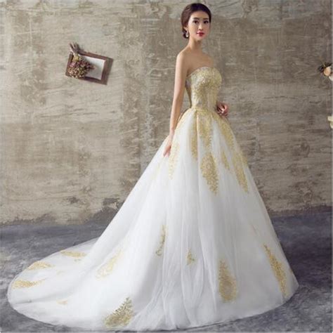 2016 White And Gold Wedding Dresses A Line Sweetheart Lace
