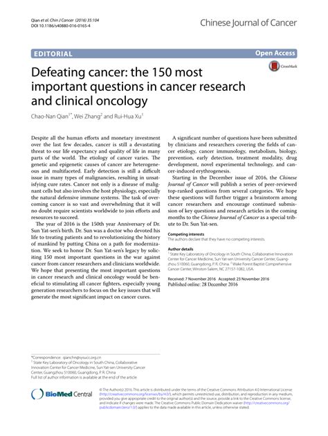 Pdf Defeating Cancer The 150 Most Important Questions In Cancer