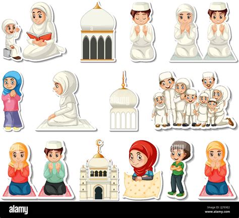 Sticker Set Of Islamic Religious Symbols And Cartoon Characters