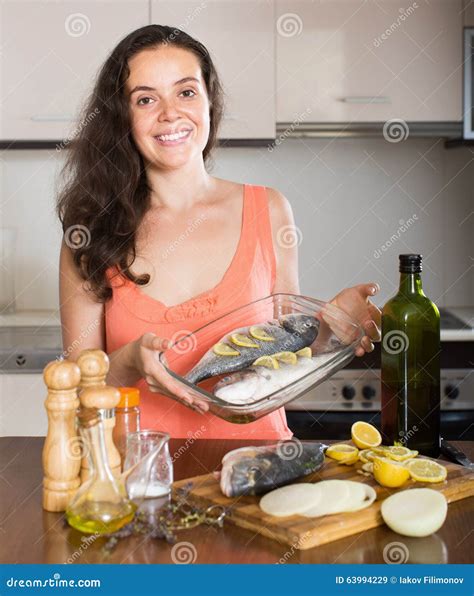 Happy Housewife Cooking Fish In Frying Pan Stock Image Image Of