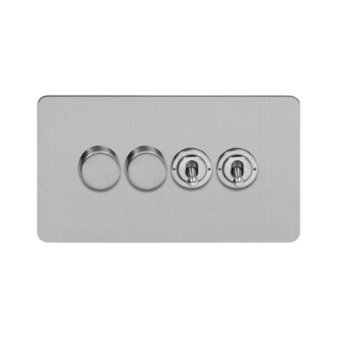Brushed Chrome Flat Plate 4 Gang Switch With 2 Dimmers 4 Gang Dimmer
