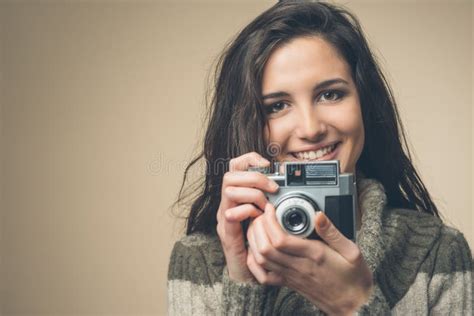 Young Woman With Vintage Camera Stock Image Image Of Shooting Pretty