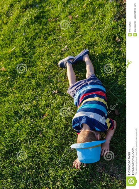 Handsome Little Boy Lying On Grass Little Dreamer Lies In Meadow With