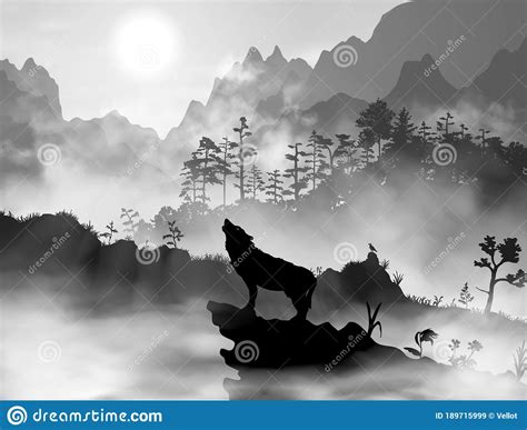 Silhouette Of The Wolf Howling At The Moon At Night In Front Of The