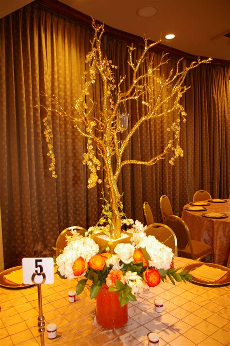 Centerpiece For A Wedding Gold Tree With Golden Crystal Drops In The