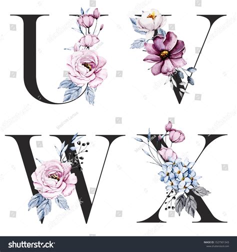 Floral Alphabet Letters Set Watercolor Flowers Stock Illustration