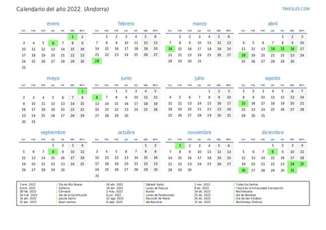 Calendario 2022 Con Días Festivos En Andorra Imprimir Y Descargar