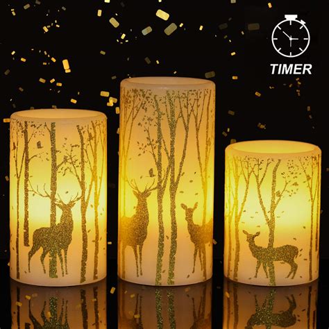 Buy Elcele Flameless Candles Flickering With 6h Timer 3 Pack Gold Reindeer Elk Decal Real Wax