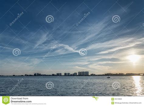 Sunset In Clearwater Beach Florida Wide Angle Blue Sky Stock Photo